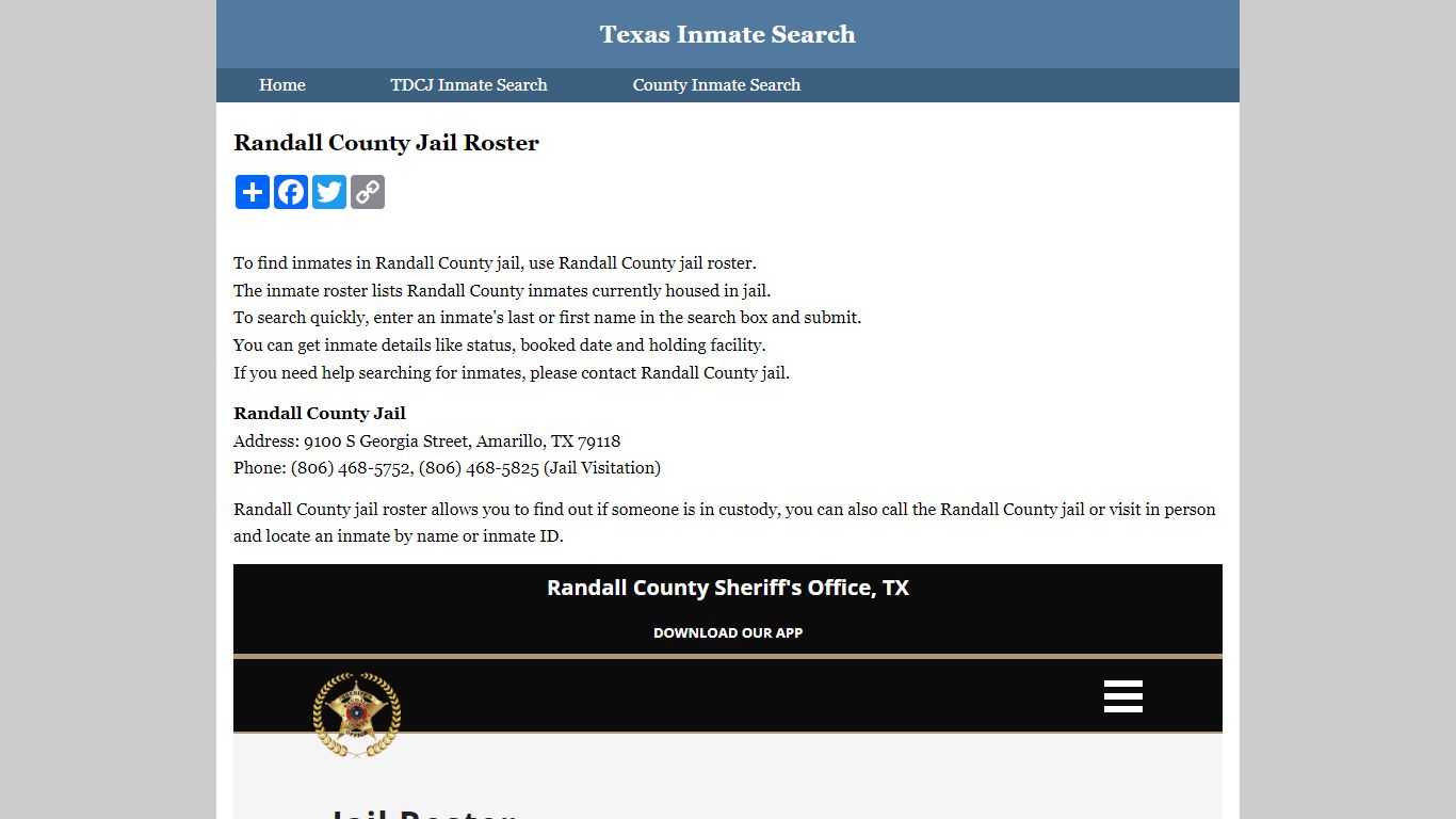 Randall County Jail Roster - Texas Inmate Search